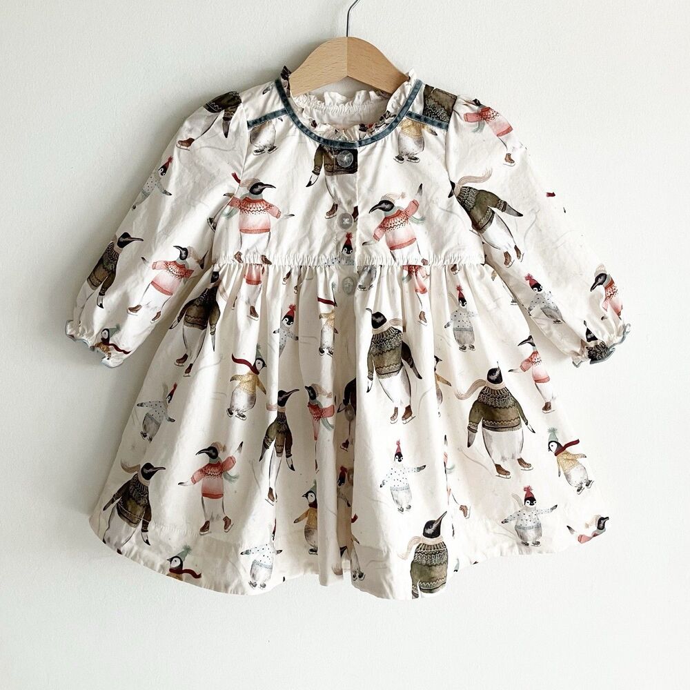 Pink Chicken Penguin Print Dress Baby Girl Size 12-18M Long Sleeve Button Front